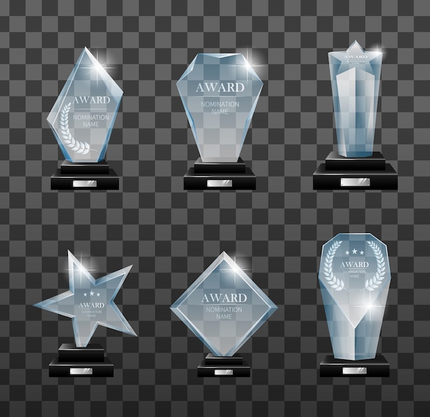 Conjunto de premios glass trophy en diferentes formas.