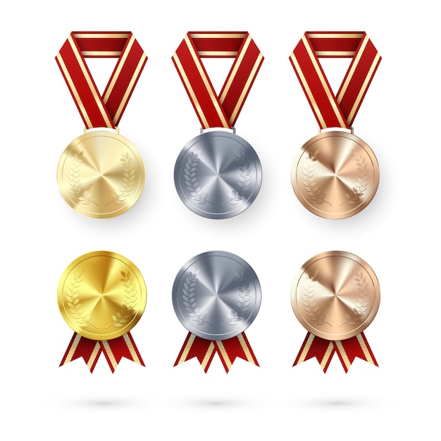 Vector conjunto de premios. medallas de plata dorada y bronce con colgante de laurel y cinta roja. símbolo de premio de victoria y éxito. ilustración