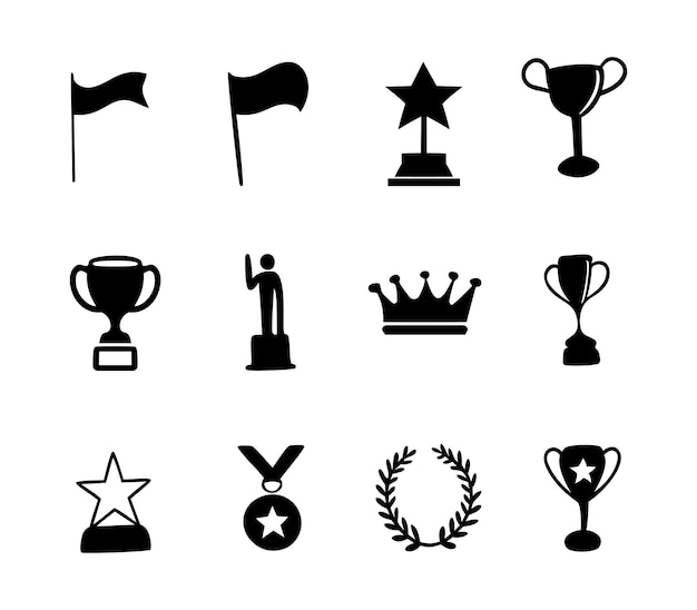 Conjunto de premios de oro, plata y bronce con iconos de trofeos, copas y medallas que simbolizan el éxito