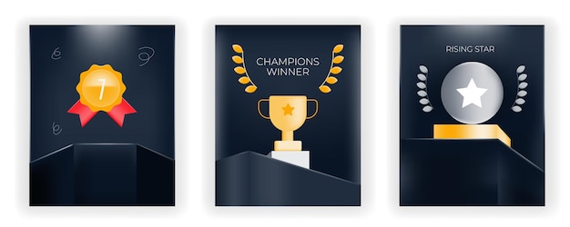 Conjunto de premios podium elegante negro un trofeo de insignia de oro para campeones y una medalla de estrella en ascenso