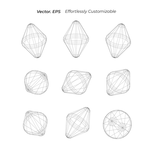 Conjunto premium 3d cuadrícula de diamante vector de plantilla de red de geometría de onda de marco de alambre