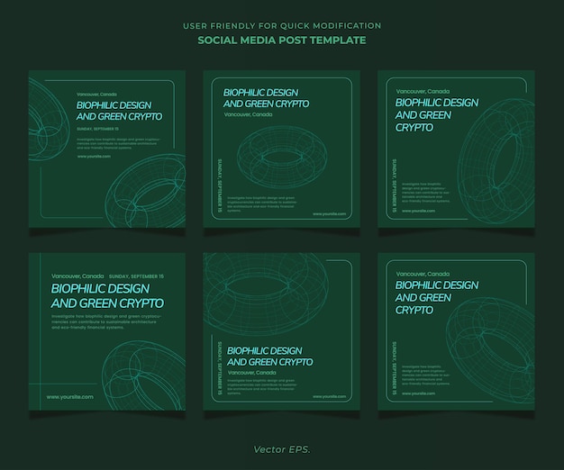 Conjunto premium Editable Social Media Post Template Arquitectura Conferencias cuadrícula 3d Wireframe verde