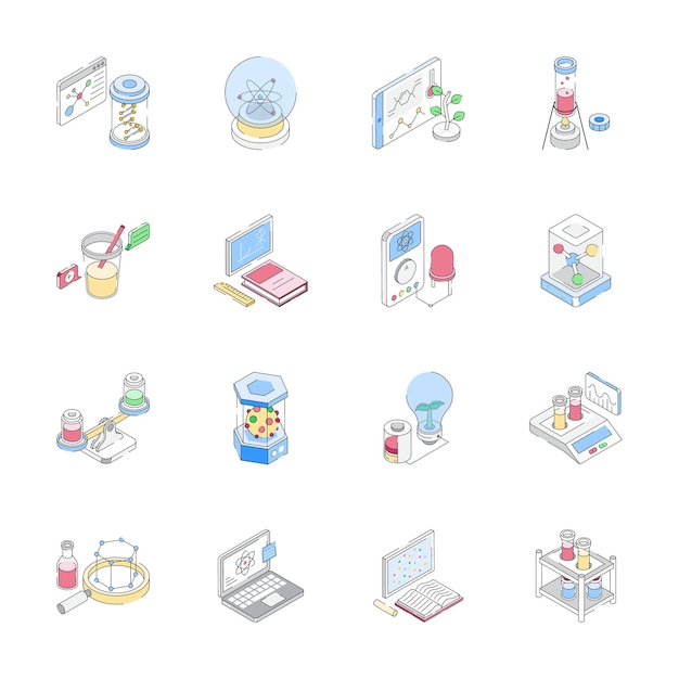 Conjunto premium de iconos de estilo isométrico de ciencia y estudio de laboratorio