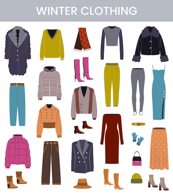 Conjunto de prendas y accesorios de ropa de invierno Ropa femenina vestidos pantalones zapatos guantes abrigos