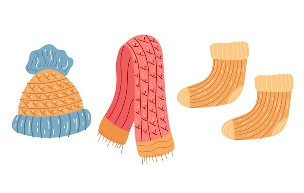 Conjunto de prendas de lana hechas a mano aisladas sobre un fondo blanco Diseño gráfico plano vectorial de dibujos animados