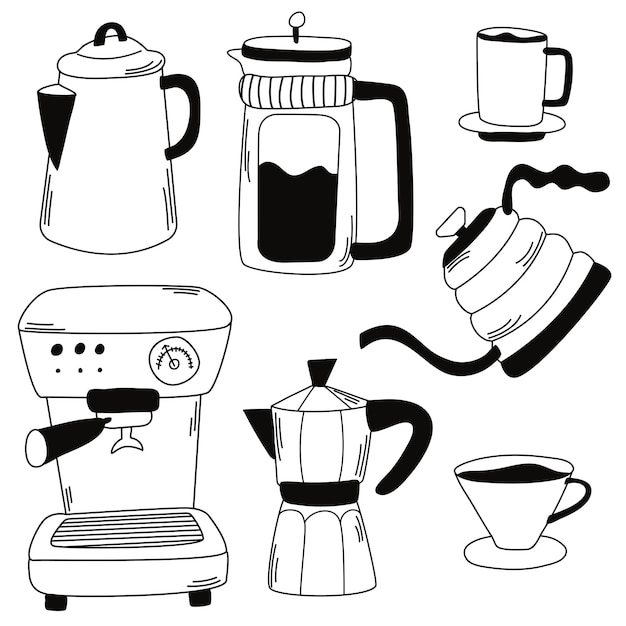 Conjunto de prensa de máquina de café caña de taza moka en estilo doodle Colección de íconos para el menú