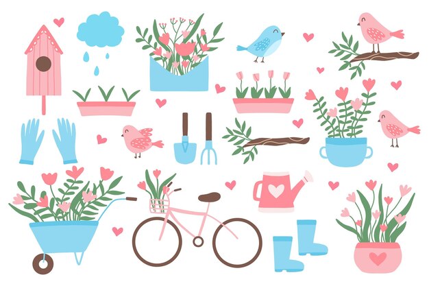 Conjunto de primavera elementos dibujados a mano flores pájaros y otros Perfecto para tarjeta web cartel cubierta etiqueta invitación kit de pegatinas Conjunto vectorial Ilustración vectorial