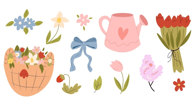 conjunto de primavera de elementos dibujados a mano lindo conjunto de flores de primavera de plantas de primavera conjunto de flores