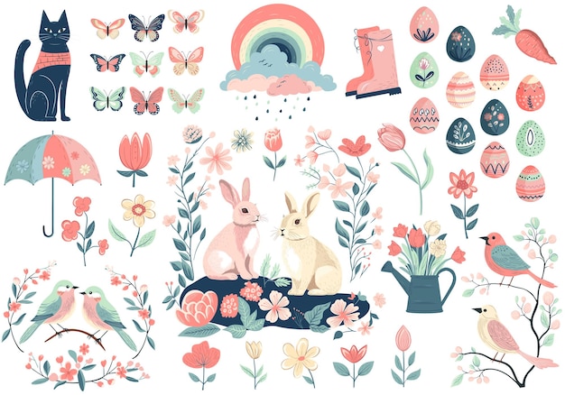Conjunto de primavera de Pascua con lindos pájaros huevos mariposas conejos elementos de primavera vectoriales dibujados a mano