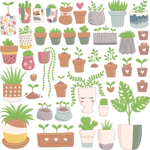 Conjunto de primavera de plantas verdes en vector de macetas