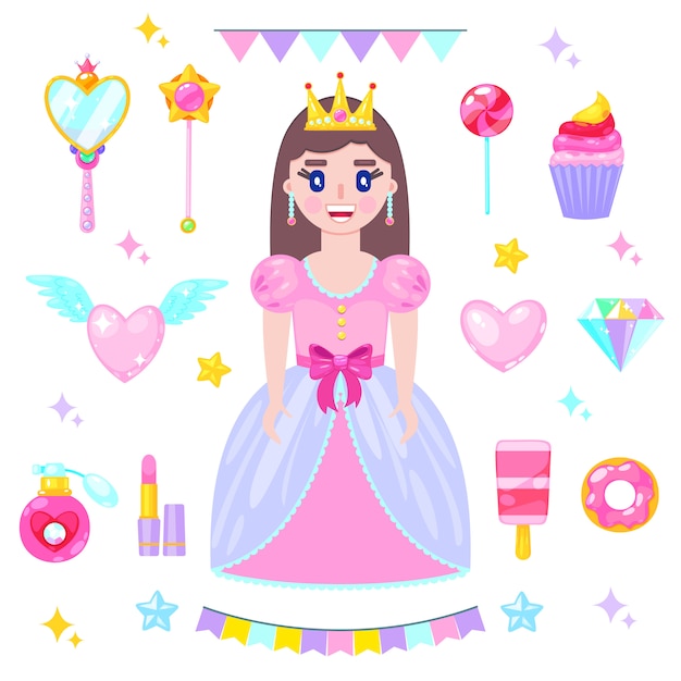 Conjunto de princesa de dibujos animados en vestido rosa y sus accesorios.