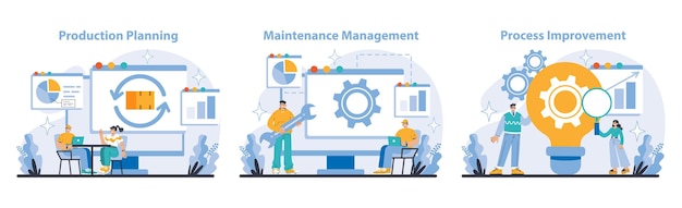 Vector conjunto de producción y calidad comprensión del mantenimiento y la mejora continua de la planificación de la producción