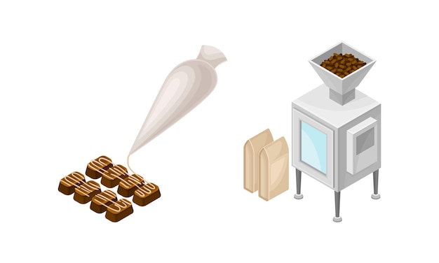 Conjunto de producción de chocolate Ilustración vectorial de decoración y embalaje de barras de chocolate