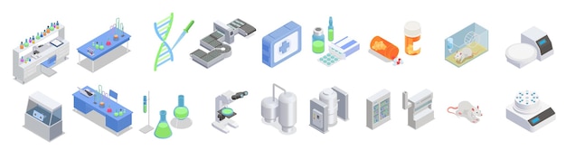 Conjunto de producción farmacéutica con iconos isométricos de aparatos de productos médicos e imágenes aisladas de ilustración de vector de equipo de laboratorio