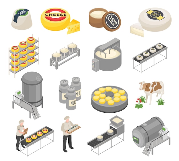 Conjunto de producción de queso isométrico de íconos aislados con paquetes de productos listos e instalaciones industriales con ilustraciones de vectores de trabajadores