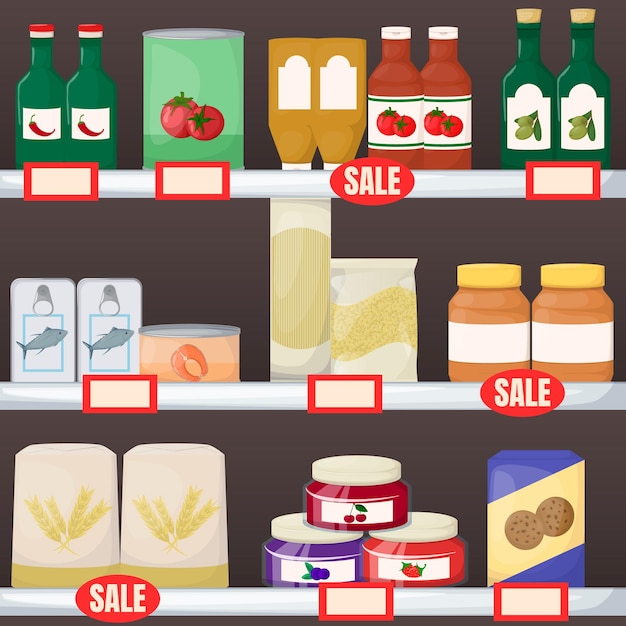 Conjunto de productos de abarrotes en los estantes de los supermercados Galleta de harina de pasta de aceite de mermelada y vector de dibujos animados enlatados