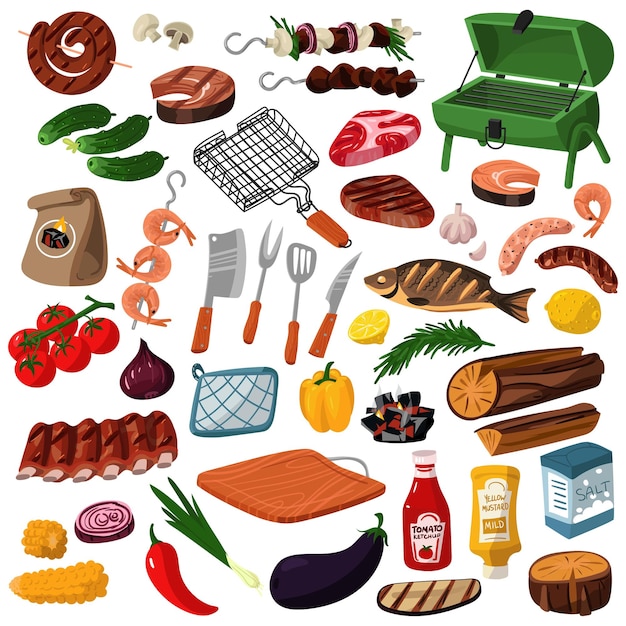 Un conjunto de productos para barbacoa Carne, verduras, frutas, pescado, hongos, carbón, malla para barbacoa
