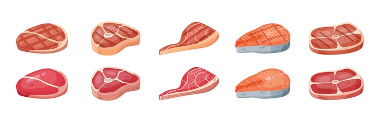 Vector conjunto de productos cárnicos filetes de ternera carne y pescado crudos y a la parrilla filete de ternera filet mignon para barbacoa