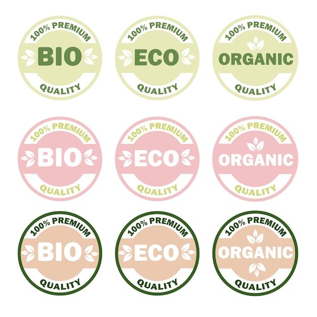 Vector conjunto de productos eco bio organic, etiqueta adhesiva, insignia y logotipo 100 calidad premium insignia ecológica plantilla de logotipo para productos orgánicos y ecológicos