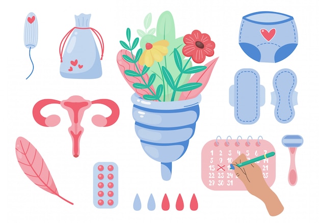 Conjunto de productos de higiene femenina. ciclo menstrual. mujer días críticos. conjunto de mujeres significa ilustración de higiene personal. copa menstrual, compresa sanitaria, tampón