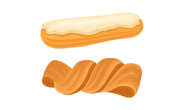 Conjunto de productos horneados pan de pastelería fresco e ilustración vectorial de dibujos animados de eclair