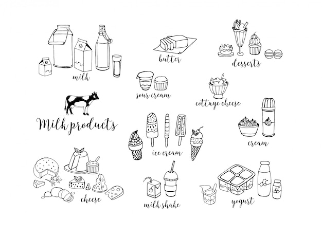 Conjunto de productos lácteos de contorno dibujado a mano.