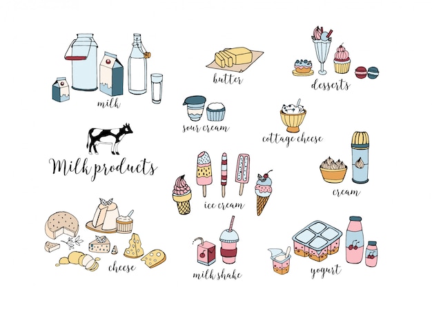 Conjunto de productos lácteos hechos a mano. Queso, batido de leche, mantequilla, yogurt, requesón, crema agria, postres, vaca. Ilustración colorida en blanco