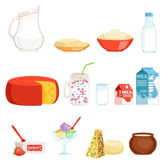 Vector conjunto de productos lácteos, leche, mantequilla, queso, yogur, crema agria, helado ilustraciones