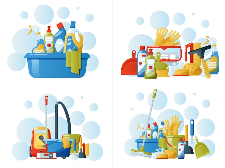 Vector conjunto de productos de limpieza. artículos para el hogar y conjunto de iconos planos de limpieza.