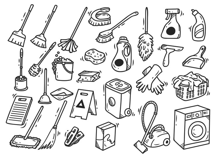 Vector conjunto de productos de limpieza doodles aislado sobre fondo blanco