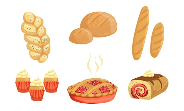 El conjunto de productos de panadería Pan Hala Cupcake Pie Roll Ilustración vectorial