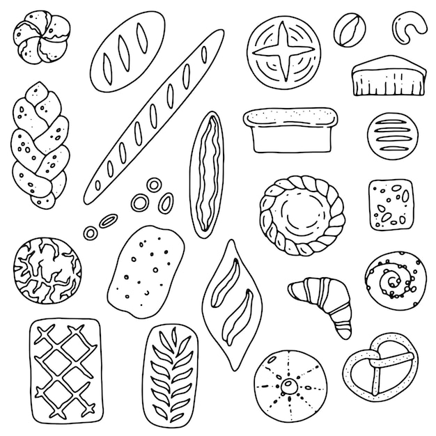 Conjunto de productos de panadería. Pan, pan, baguette, croissant, pretzel, bollo de caracol, pastel al estilo garabato. Ilustración vectorial