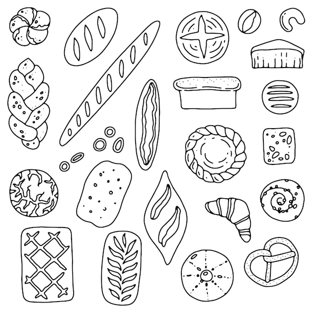 Conjunto de productos de panadería. Pan, pan, baguette, croissant, pretzel, bollo de caracol, pastel al estilo garabato. Ilustración vectorial