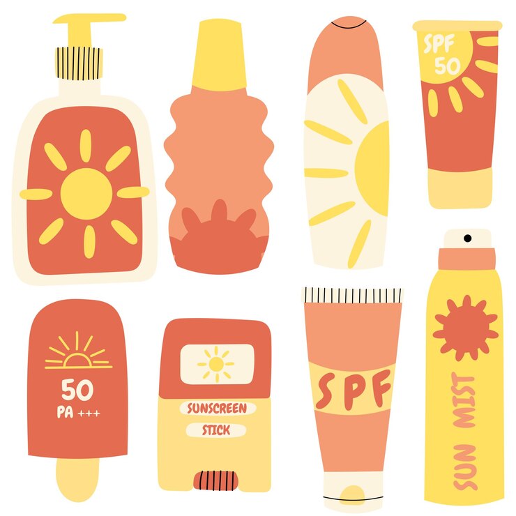 Vector conjunto de productos de protección solar para el cuidado de la piel ilustración de cremas spf, lociones, sprays y protectores solares