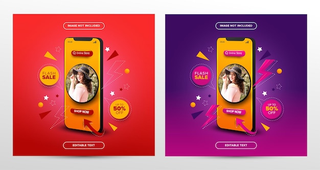 Vector conjunto de promoción de compras en línea de venta flash en publicaciones de redes sociales con texto editable