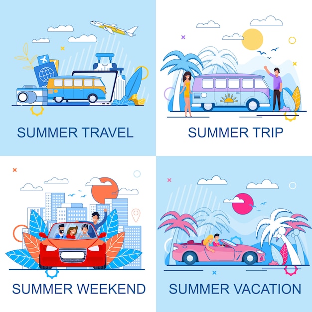 Conjunto de promoción de dibujos animados plana de turismo de verano y verano. vacaciones y viaje los fines de semana. personas que conducen un automóvil y viajan en autobús o avión