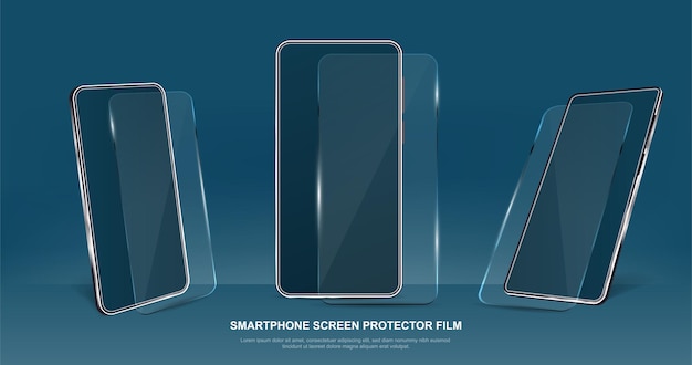Vector conjunto de protectores de pantalla de vidrio para teléfonos inteligentes con fondo azul oscuro y teléfonos inteligentes transparentes