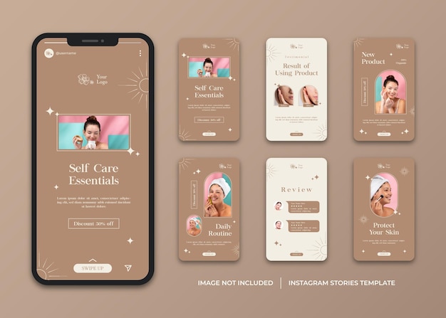 Conjunto de publicaciones de historias de instagram de productos para el cuidado de la piel