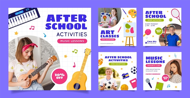 Conjunto de publicaciones de instagram de actividades después de la escuela de diseño plano