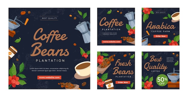 Conjunto de publicaciones de instagram de plantaciones de café dibujadas a mano
