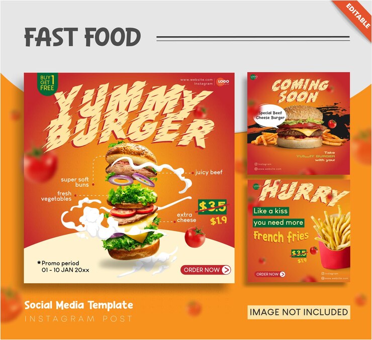 Conjunto de publicaciones de Instagram de promoción de descuento de menú de comida