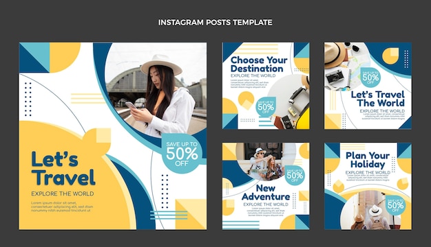 Conjunto de publicaciones de instagram de viajes planos
