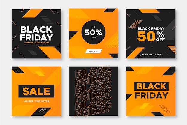 Vector conjunto de publicaciones de instagram de viernes negro de diseño plano