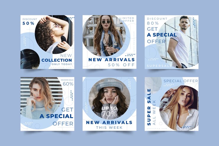 Vector conjunto de publicaciones de redes sociales de venta de moda