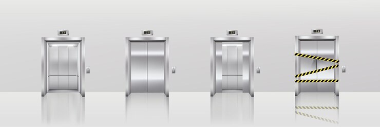 Vector conjunto de puertas de ascensor ascensores cerrados abiertos rotos en hotel u oficina elementos interiores de pasillo de acero inoxidable realistas sobre fondo gris