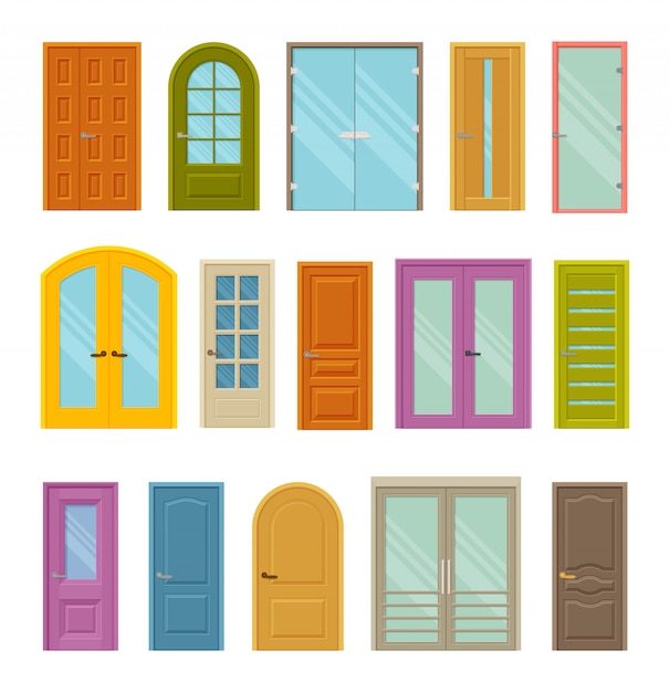 Vector conjunto de puertas cerradas frontales de colores para casas y edificios. con y sin vidrio. ilustración.