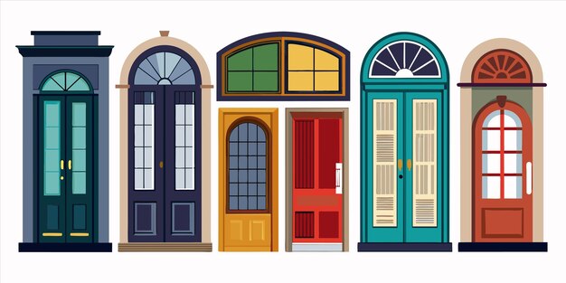 Vector un conjunto de puertas diferentes con ventanas y puertas