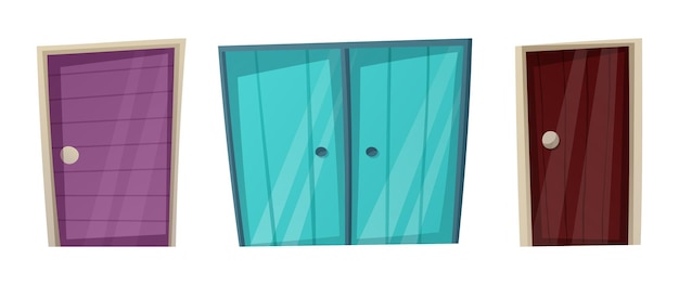 Conjunto de puertas de madera de dibujos animados vector aislado con manijas.