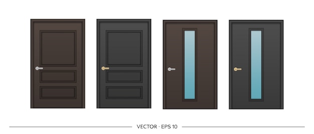 Vector conjunto de puertas oscuras realistas aisladas sobre fondo blanco. puerta de entrada con inserto de vidrio.