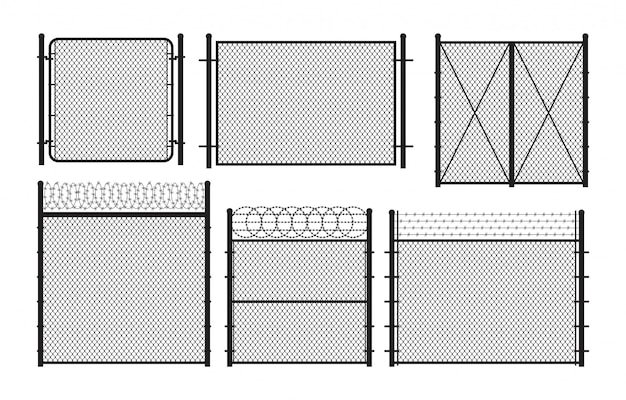 Conjunto de puertas y vallas de alambre de metal silueta. ilustración.